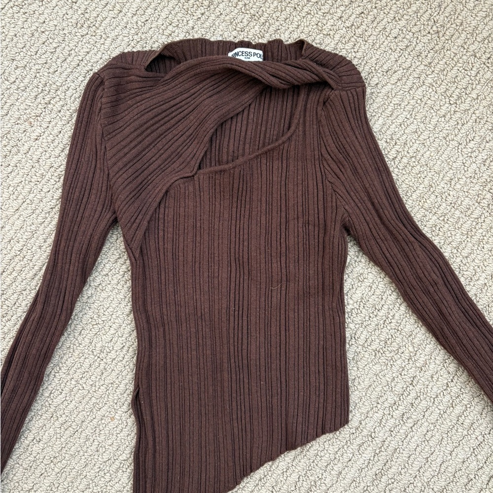 Brown Ribbed Asymmetrical Sweater